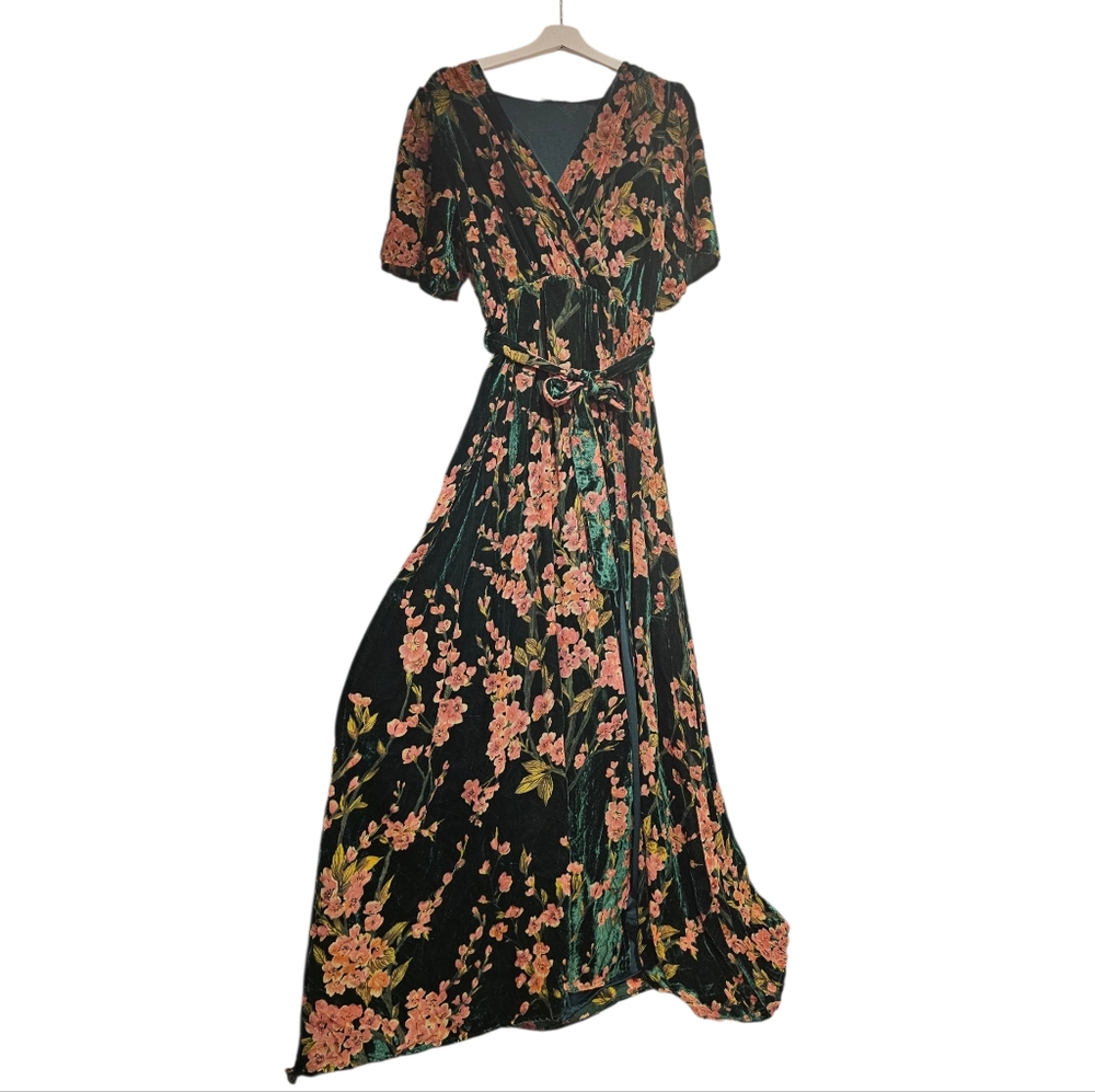 BALTIC BORN Uma Green Velvet Floral Maxi Dress sz L Women's - Picture 8 of 12